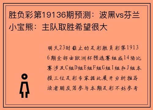 胜负彩第19136期预测：波黑vs芬兰 小宝熊：主队取胜希望很大