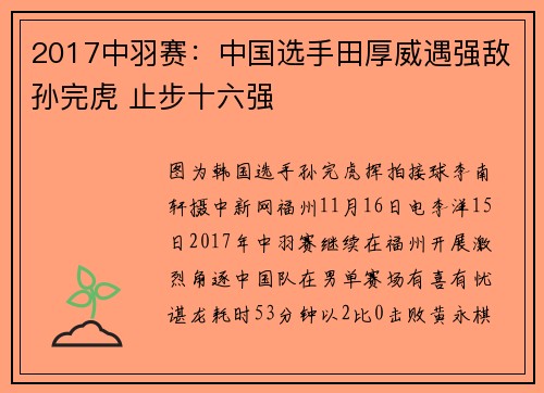 2017中羽赛：中国选手田厚威遇强敌孙完虎 止步十六强